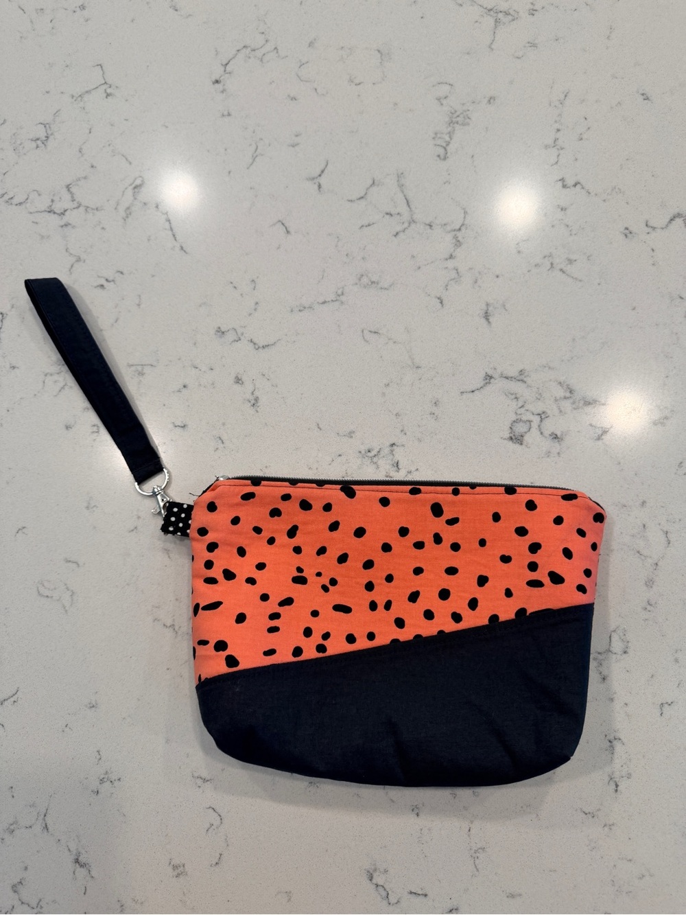 HANDMADE Black and Coral Polka Dot Wristlet/Cosmetic Pouch